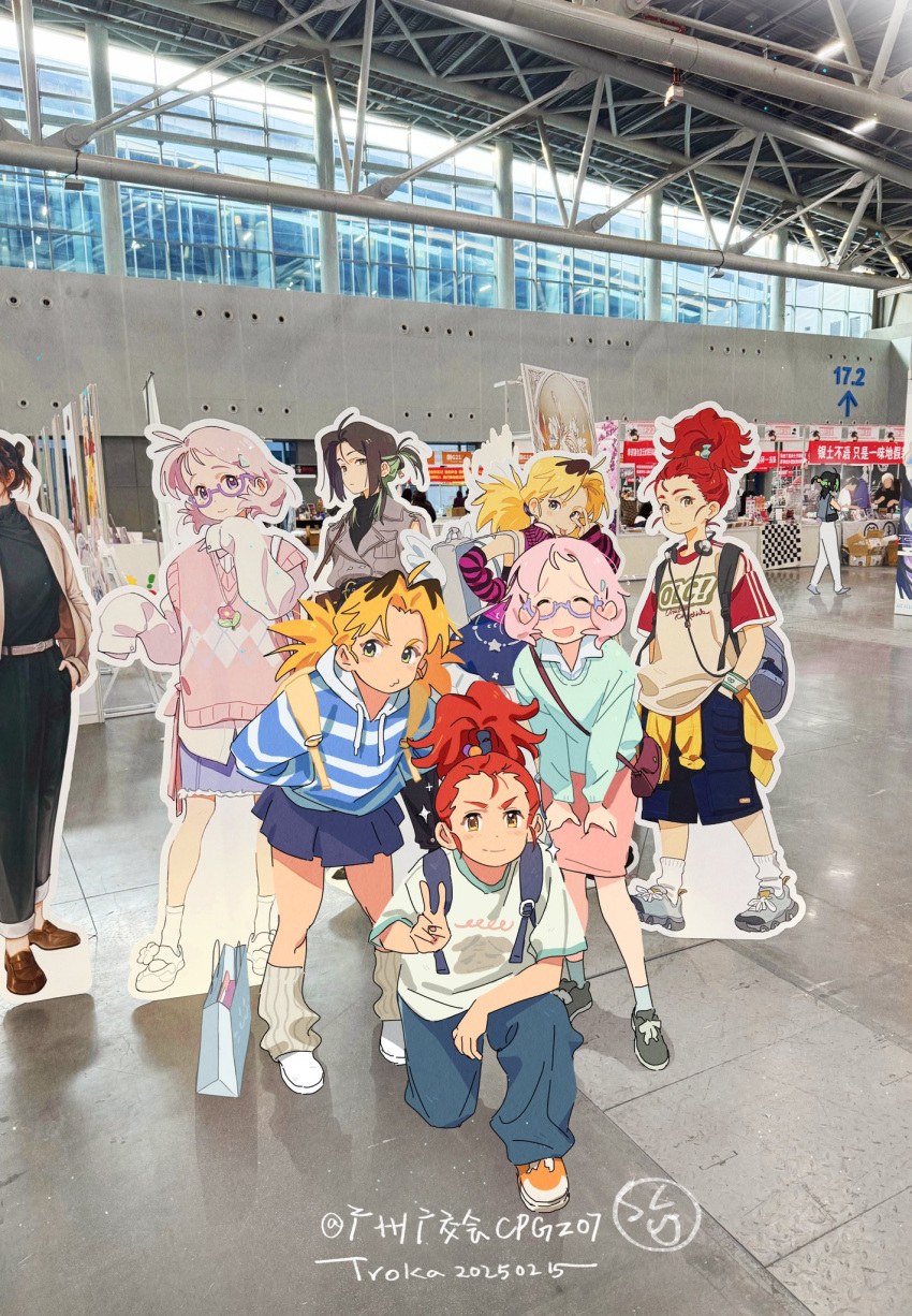 4girls, aqua_sweater, arm_on_knee, artist_name, backpack, bag, blonde_hair, blue_hoodie