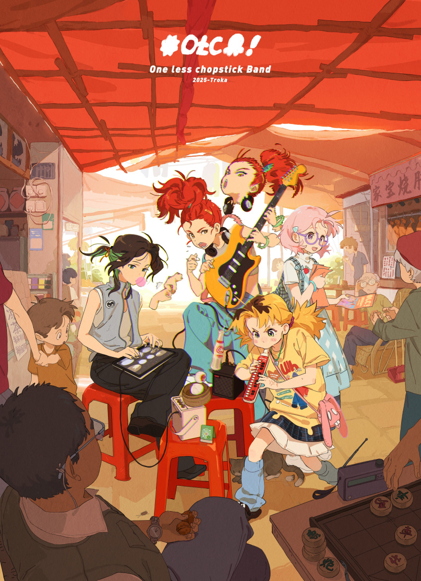 4girls, :d, absurdres, afterimage, amplifier, animal_bag, artist_name, black_hair