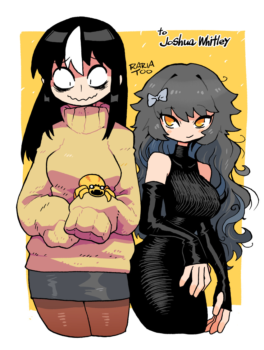 2girls, absurdres, artist_name, bags_under_eyes, bare_shoulders, black_dress, black_hair, bow