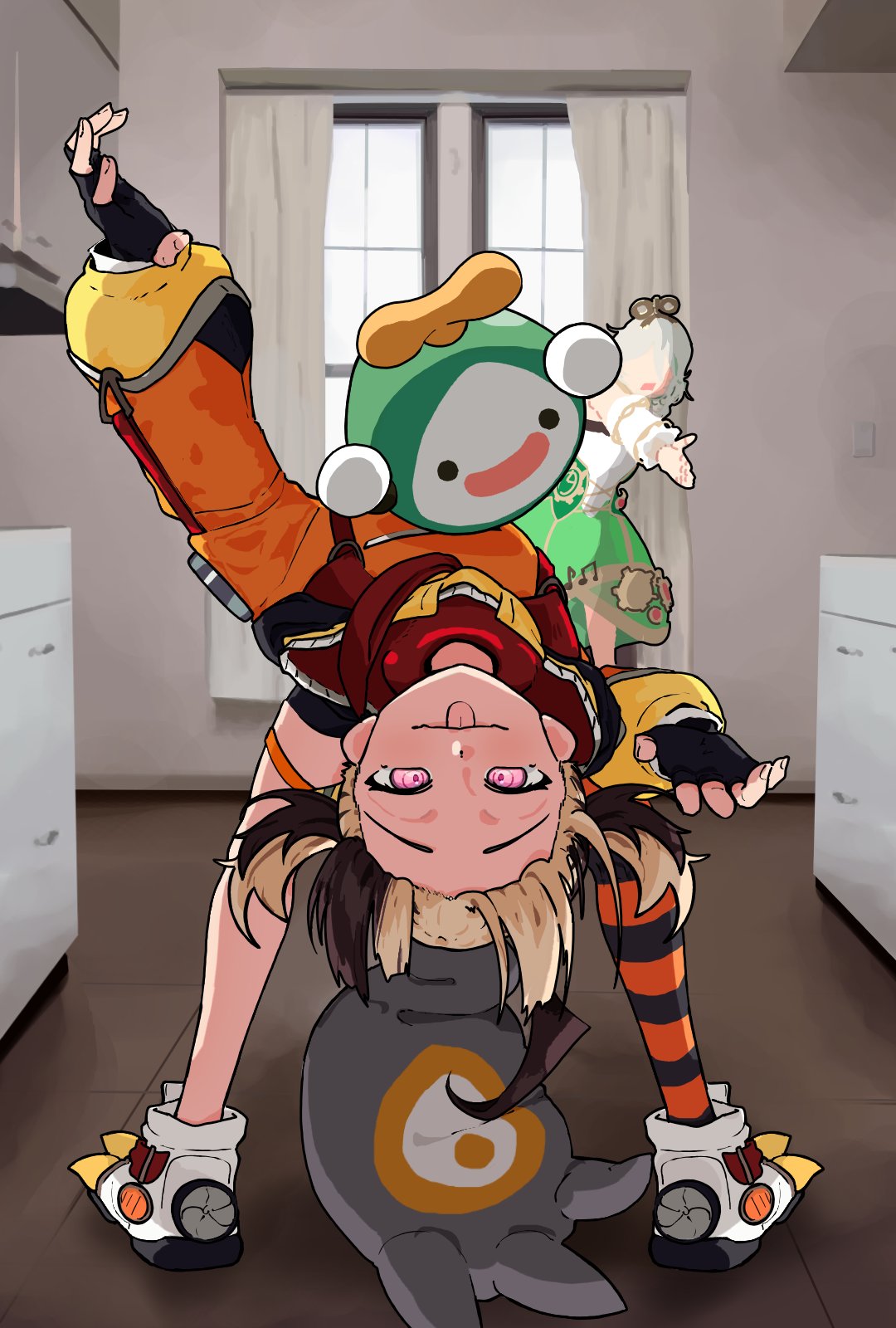 2girls, :d, :p, ahoge, arched_back, arm_up, bending_backward, black_gloves