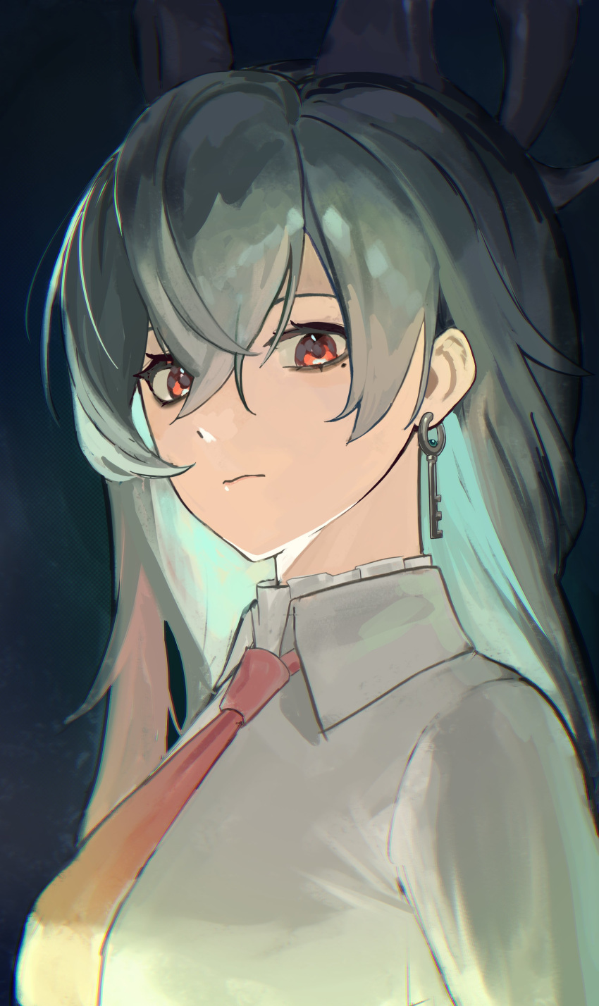 1girl, absurdres, ashamutoki, black_horns, breasts, closed_mouth, collared_shirt, commentary