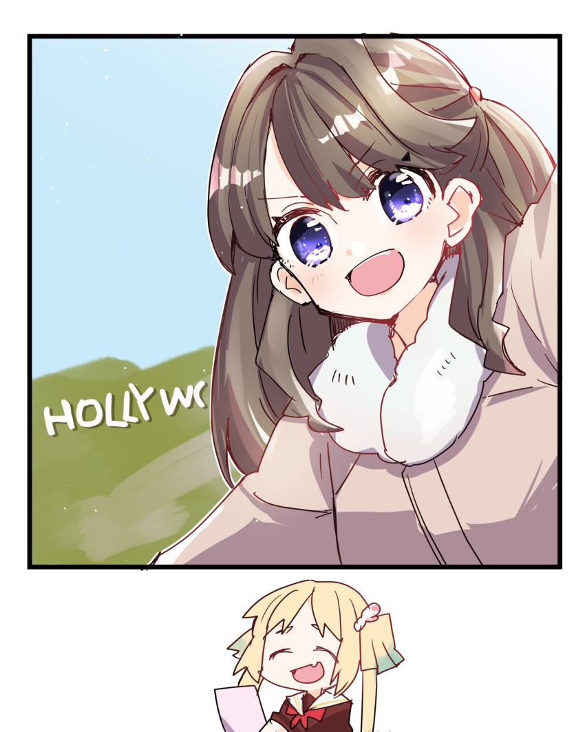 2girls, :d, ^_^, aqua_hair, blonde_hair, brown_dress, brown_hair, closed_eyes