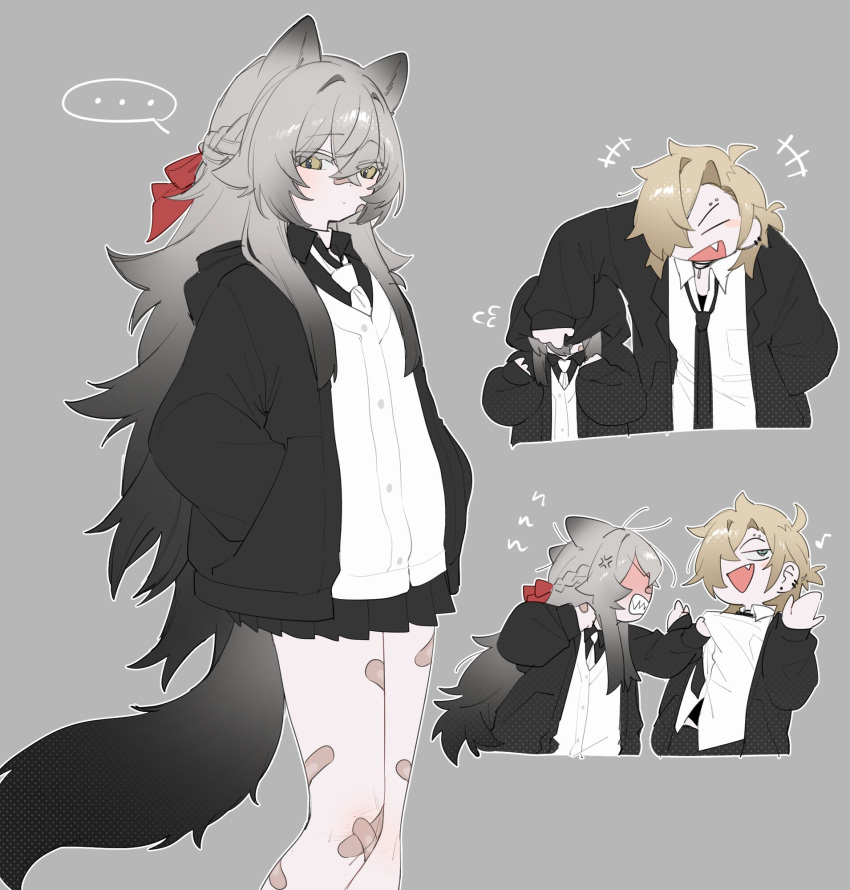 ..., 1boy, 1girl, animal_ears, bandaid, bandaid_on_knee, bandaid_on_leg, black_jacket