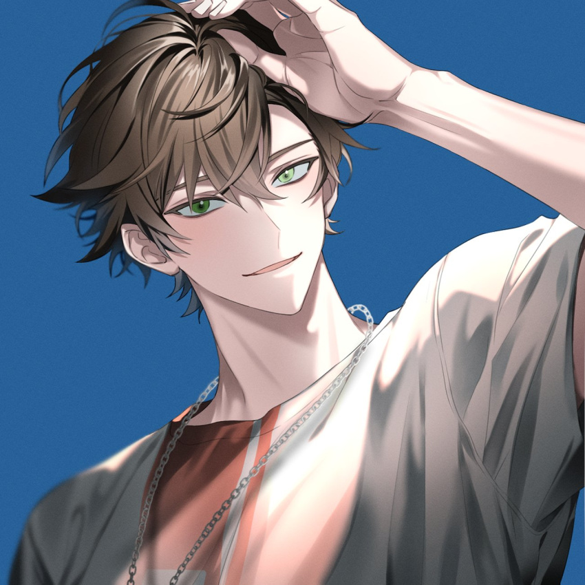 1boy, arm_up, blue_background, brown_hair, chain, chain_necklace, commentary, crew_neck