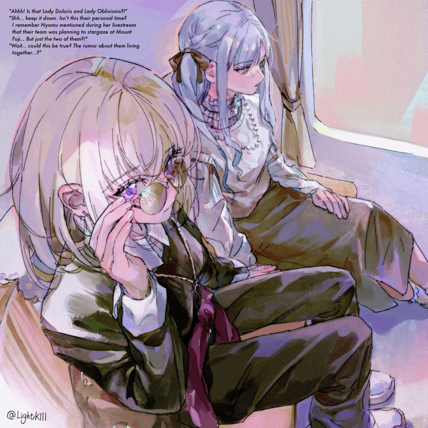 2girls, artist_name, bang_dream!, bang_dream!_it's_mygo!!!!!, black_ribbon, blonde_hair, blue_hair, curtains