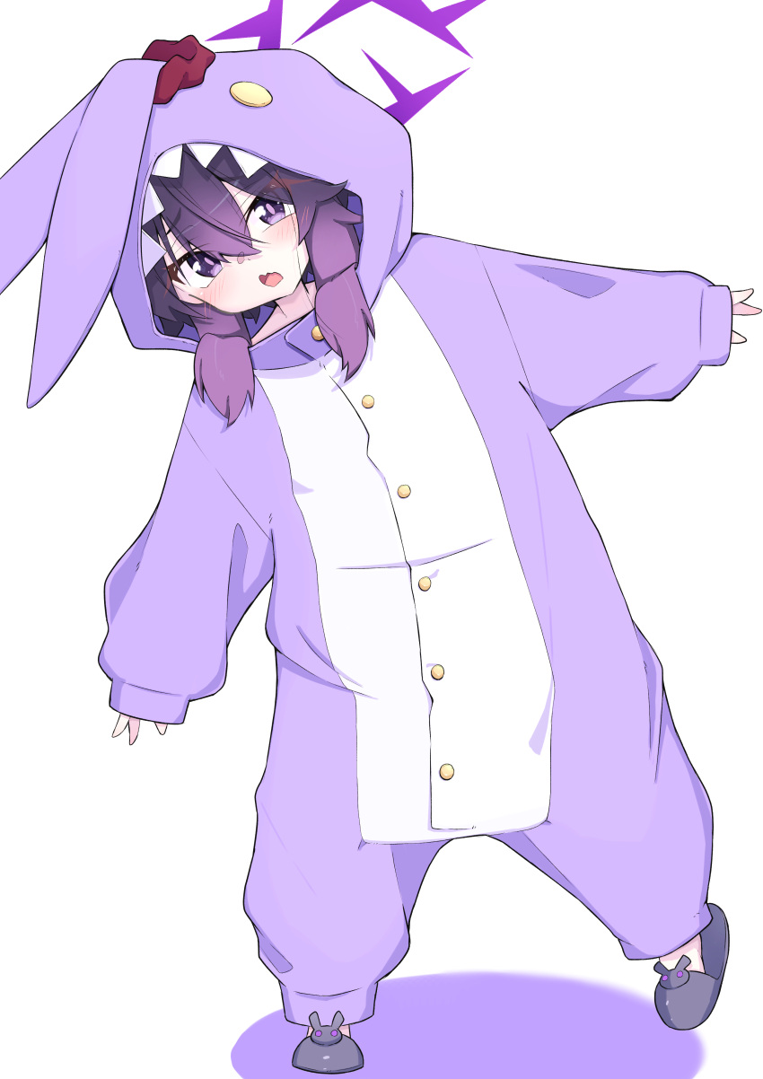1girl, absurdres, animal_costume, blue_archive, cosplay, full_body, halo, haruka_(blue_archive), highres, koyuki_(blue_archive), koyuki_(blue_archive)_(cosplay), koyuki_(bunny)_(blue_archive), long_sleeves, pajamas, purple_hair, purple_halo, rabbit_costume, rabbit_pajamas, rabbit_slippers, simple_background, slippers, solo, tagme, takamebius0528, violet_eyes, white_background