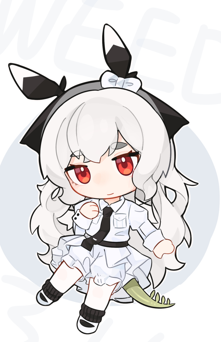 1girl, arknights, black_necktie, black_socks, bow, character_name, closed_mouth, collared_shirt