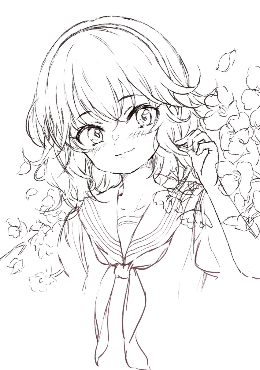 1girl, flower, greyscale, hairband, highres, idolmaster, idolmaster_cinderella_girls, looking_at_viewer