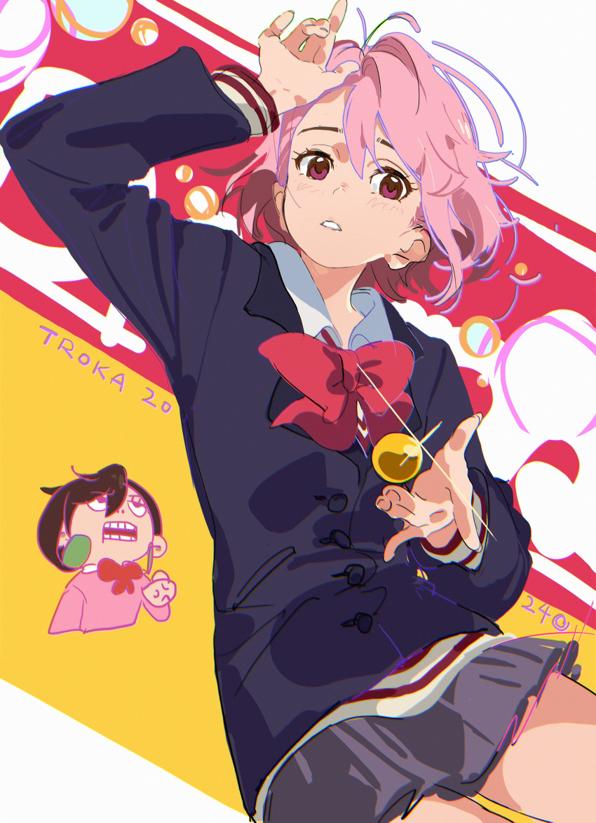 2girls, absurdres, arm_up, artist_name, ayase_momo, ball, black_jacket, bow