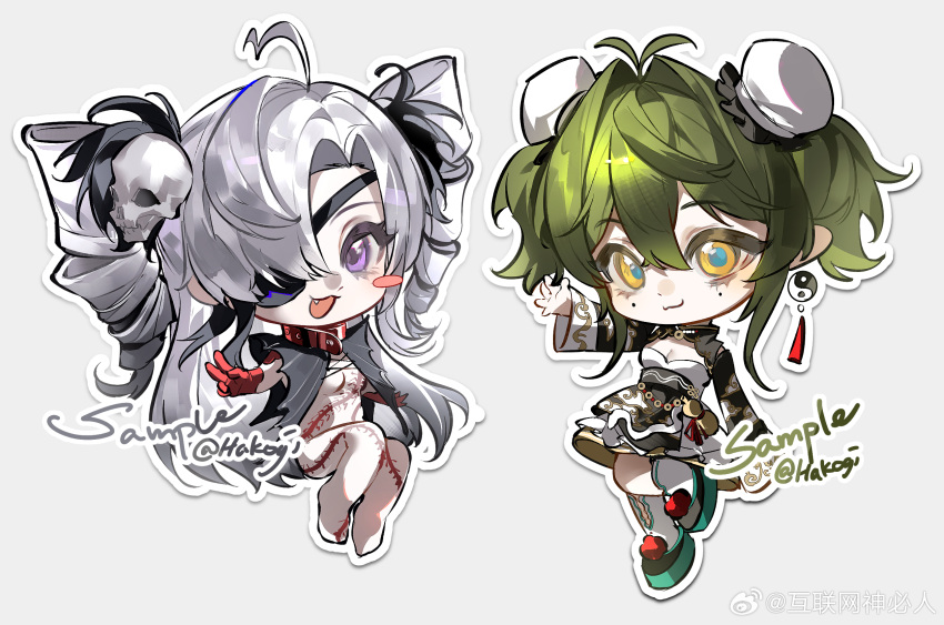 2girls, chibi, chibi_only, dress, eye_mask, gloves, green_eyes, highres, multiple_girls, original, red_gloves, weibo_7613854186, white_hair, yellow_eyes