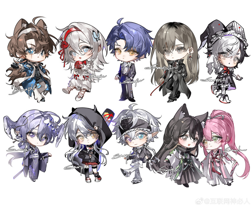 absurdres, black_hair, blue_eyes, brown_eyes, brown_hair, chibi, chibi_only, dress, grey_eyes, highres, holding, original, pink_hair, purple_hair, suit, weibo_7613854186, white_hair, yellow_eyes