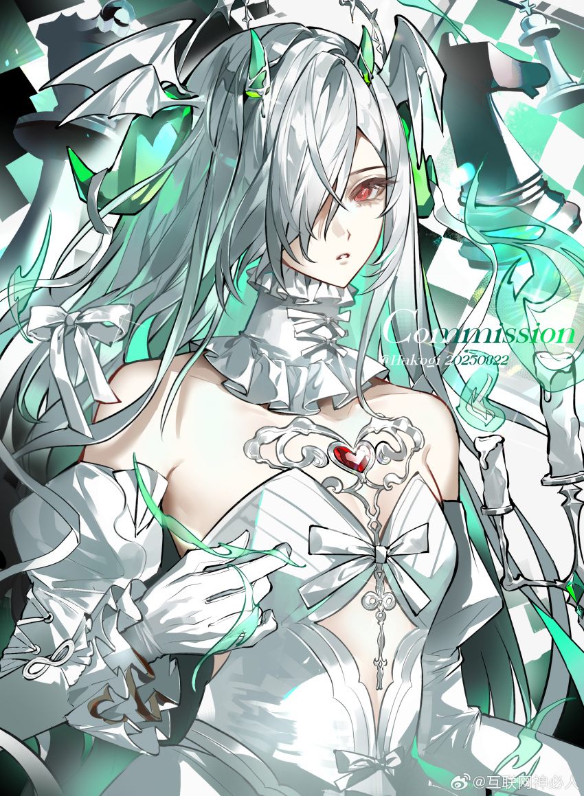 absurdres, bare_shoulders, bat_wings, board_game, chess, gloves, green_anklet, hair_knot, highres, jewelry, original, red_eyes, sliver, weibo_7613854186, white_gloves, white_hair, wings