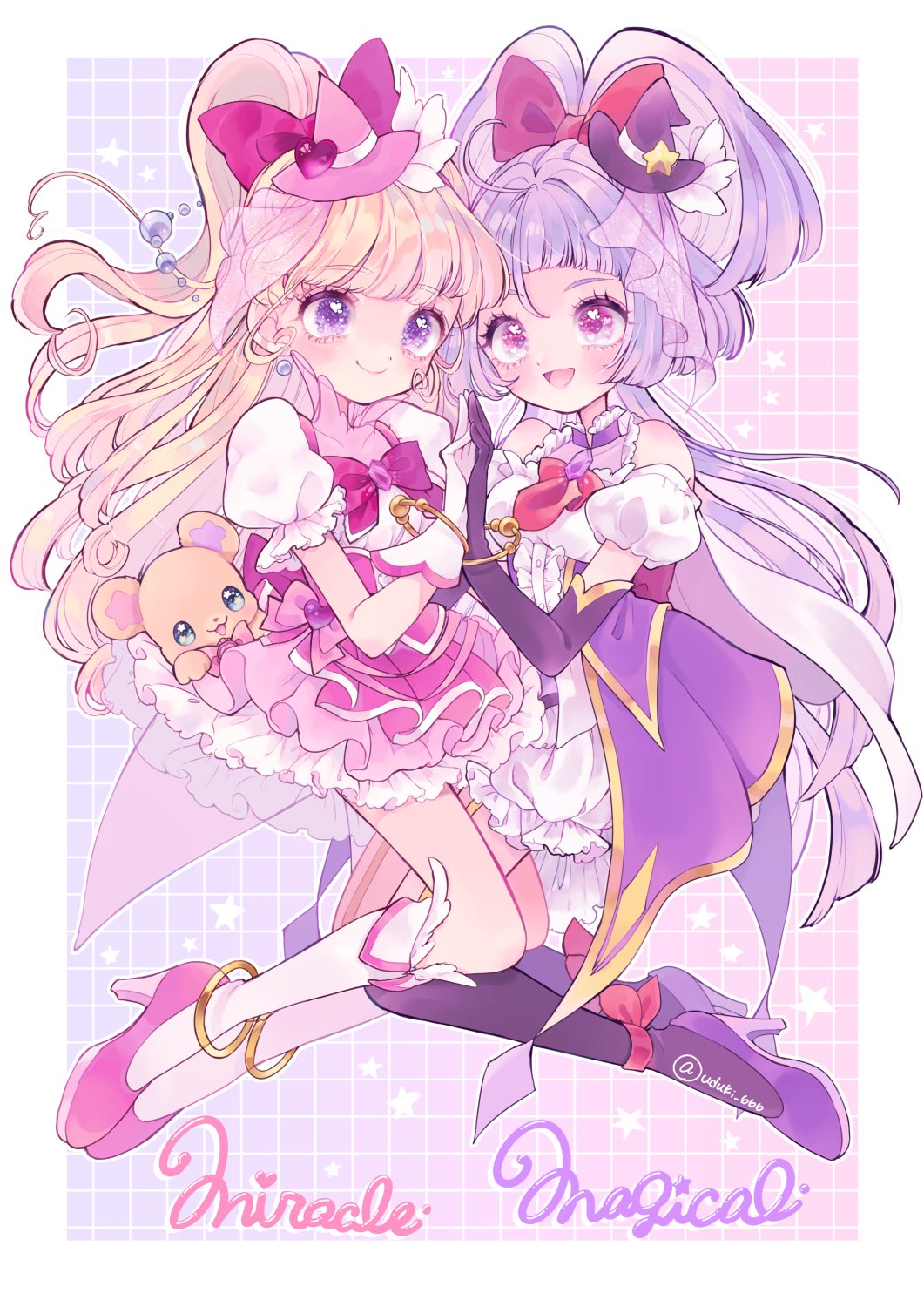 2girls, :d, ahoge, anklet, asahina_mirai, back_bow, black_gloves, blonde_hair, bloomers, border, bow, bracelet, brooch, checkered_background, collared_dress, cure_magical, cure_miracle, detached_sleeves, dress, elbow_gloves, floating, fold-over_socks, full_body, gloves, hair_bow, hat, high_heels, high_ponytail, highres, izayoi_liko, jewelry, kneehighs, long_hair, looking_at_viewer, magical_girl, mahou_girls_precure!, mini_hat, mofurun_(mahou_girls_precure!), multiple_girls, pink_eyes, pink_skirt, ponytail, precure, puffy_short_sleeves, puffy_sleeves, purple_hair, purple_skirt, shoes, short_bangs, short_sleeves, skirt, smile, socks, uzuki_aki, violet_eyes, white_dress, white_gloves, witch_hat