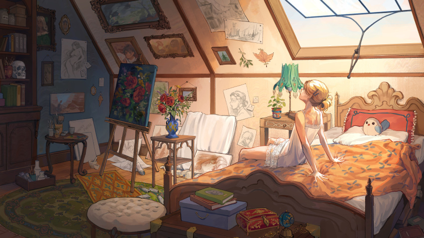 1girl, absurdres, bed, bedroom, blonde_hair, book, book_stack, bookshelf