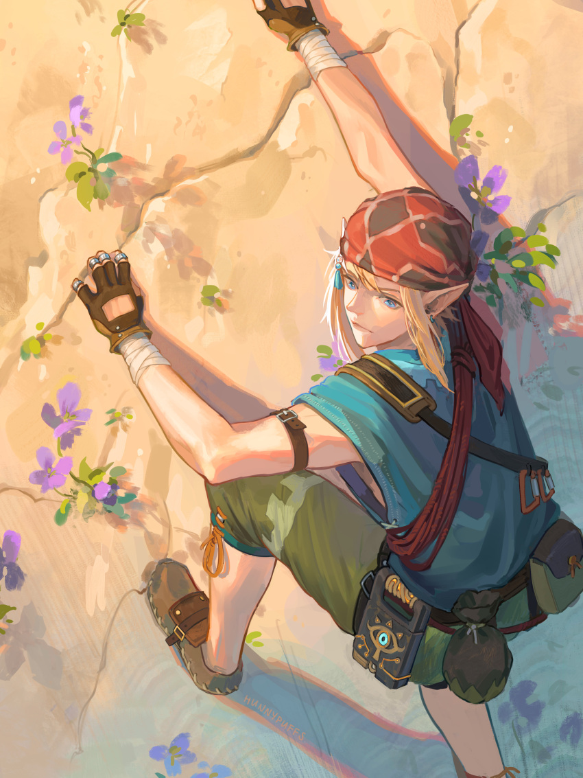 1boy, absurdres, bandana, blonde_hair, blue_eyes, blue_shirt, brown_gloves, climbing