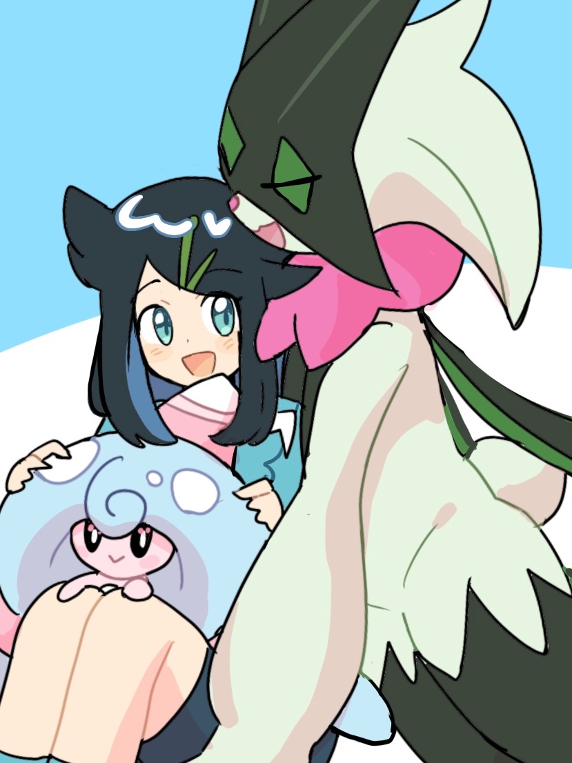 1girl, :d, black_hair, blue_background, blue_eyes, blue_hair, colored_inner_hair, hair_ornament