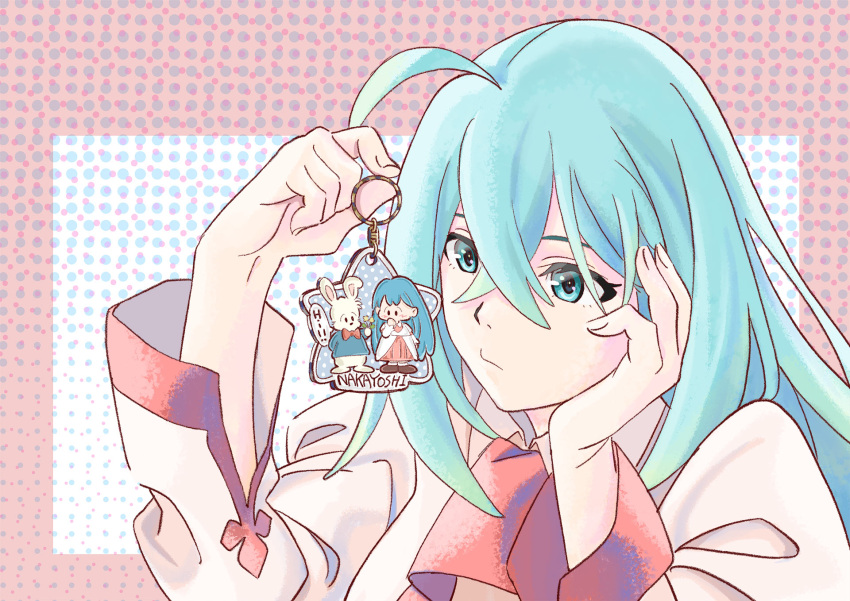 1girl, ahoge, android, aqua_eyes, aqua_hair, ascot, bow, bowtie