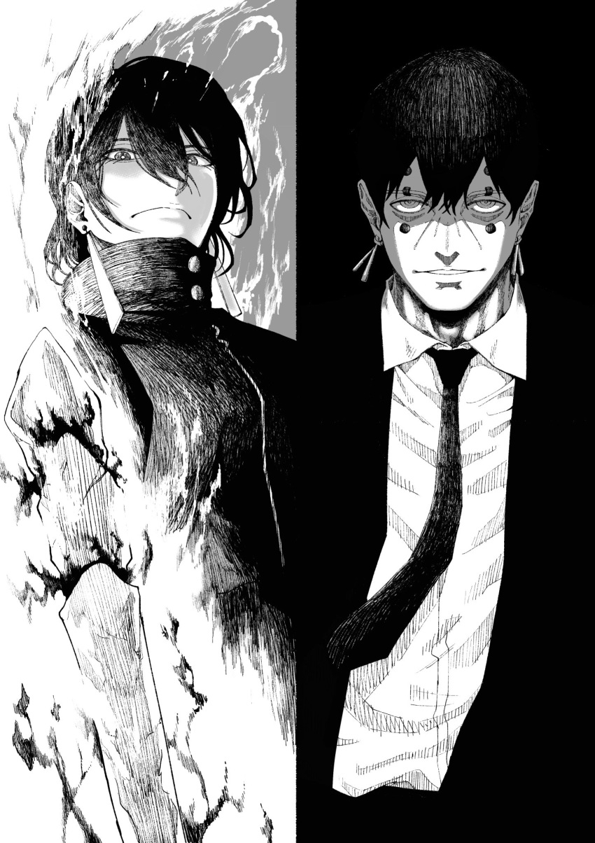 1boy, 1girl, closed_mouth, collared_shirt, earrings, facial_tattoo, fire, greyscale