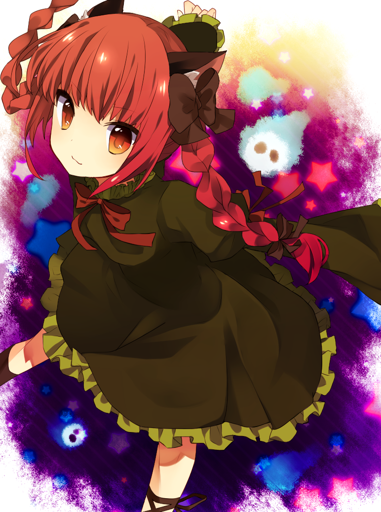 :3, animal_ears, bad_id, braid, cat_ears, dress, floating_skull, hair_ribbon