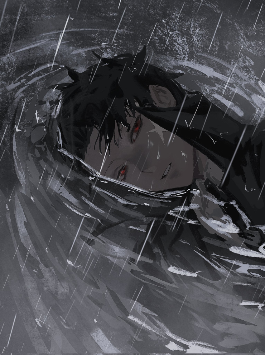 1boy, black_hair, black_jacket, black_necktie, cross_scar, high_collar, highres, jacket