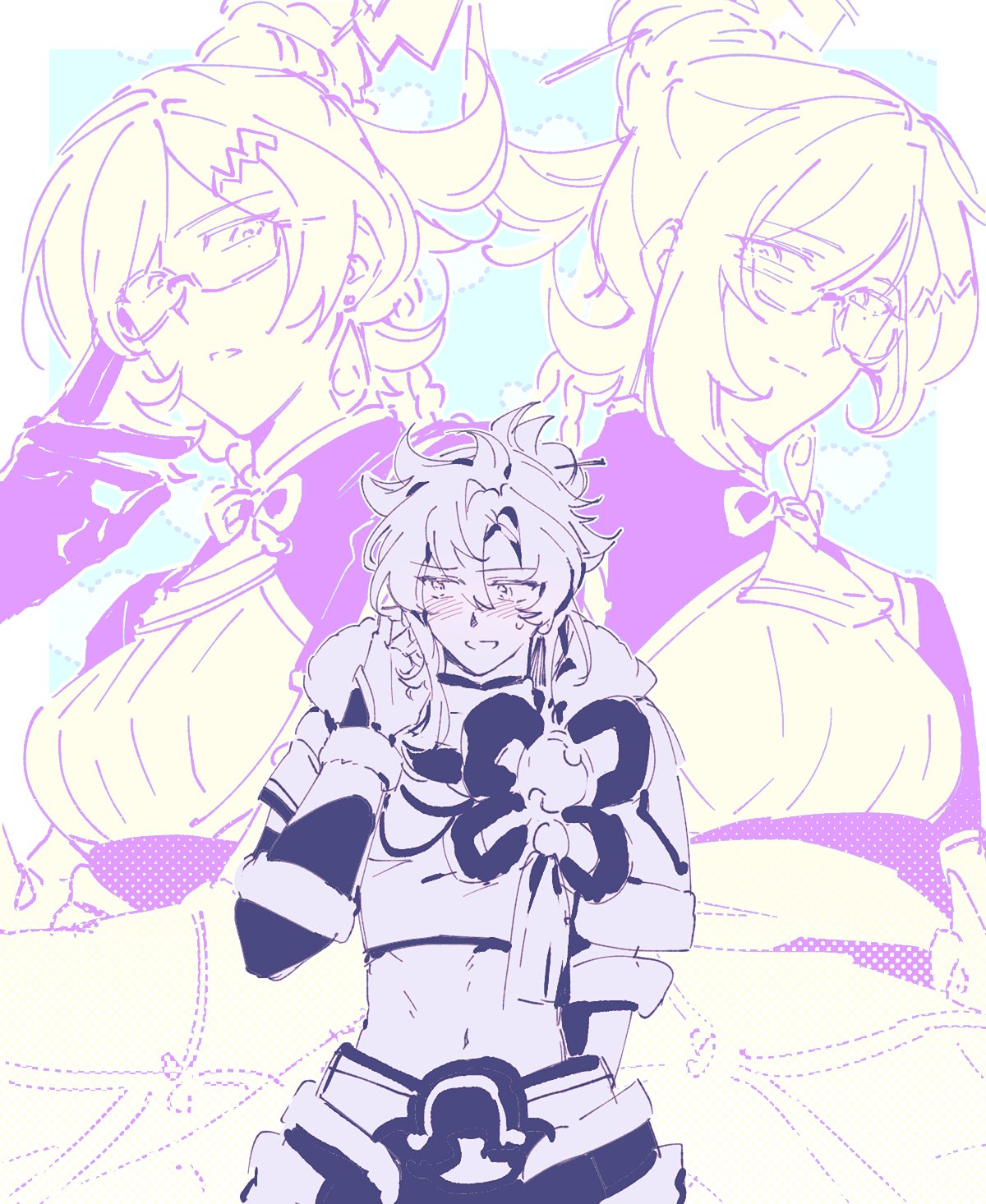 1boy, 1girl, adjusting_eyewear, arm_behind_back, arm_warmers, blush, braid, braided_bun, breasts, capelet, closed_mouth, commentary, crop_top, dragon_tale_fymena, dragon_tale_lucias, dress, earrings, fur-trimmed_capelet, fur_trim, gauntlets, glasses, gloves, hair_between_eyes, hair_bun, hair_ornament, hair_stick, hakama, highres, japanese_clothes, jewelry, justygogoing, large_breasts, light_smile, long_hair, looking_to_the_side, midriff, monochrome, navel, open_mouth, shirt, short_sleeves, sidelocks, standing, sweat, yu-gi-oh!