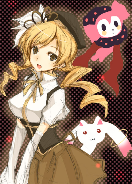 brown_eyes, charlotte_(madoka_magica), drill_hair, kyubey, kyuubee, mahou_shoujo_madoka_magica, noba_(veronicanoha), open_mouth