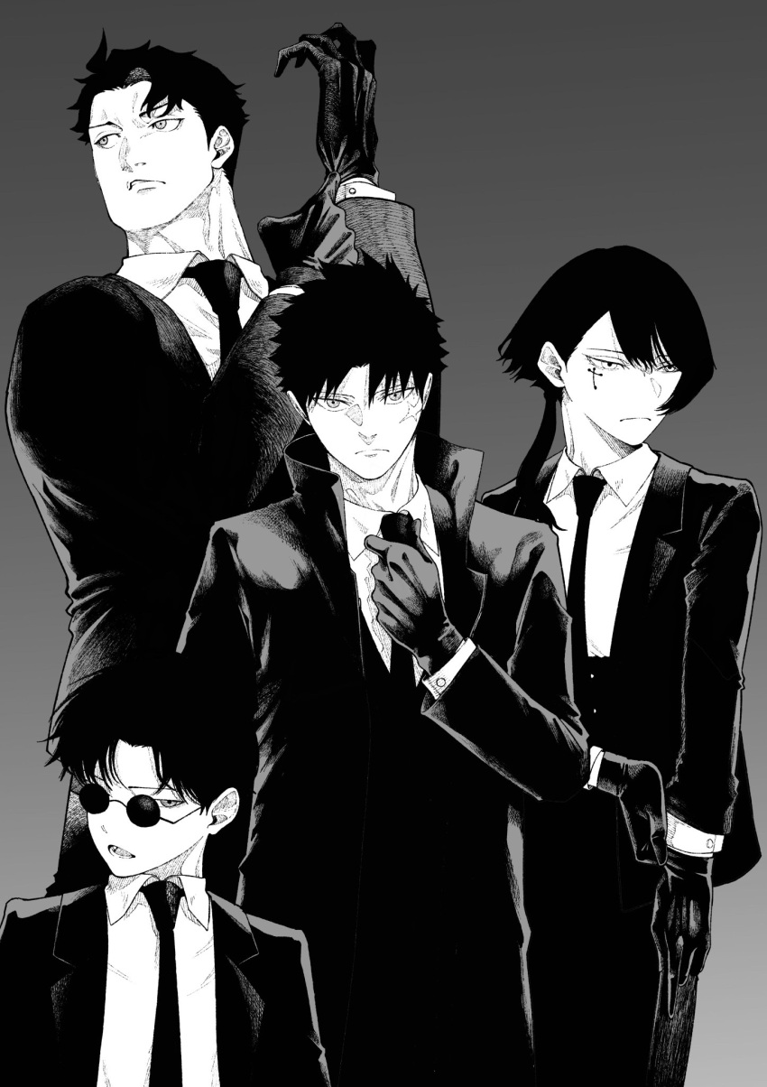 1girl, 3boys, adjusting_clothes, adjusting_gloves, adjusting_necktie, closed_mouth, coat, cross, cross_facial_mark, facial_mark, gloves, greyscale, highres, jacket, kagurabachi, long_hair, long_sleeves, looking_at_viewer, male_focus, moku_(kagurabachi), monochrome, multiple_boys, necktie, open_mouth, pants, ponytail, ro_(kagurabachi), rokuhira_chihiro, round_eyewear, scar, scar_on_cheek, scar_on_face, short_hair, simple_background, suit, sumi_(kagurabachi), sunglasses, yamagata_(user_ymrx4758)