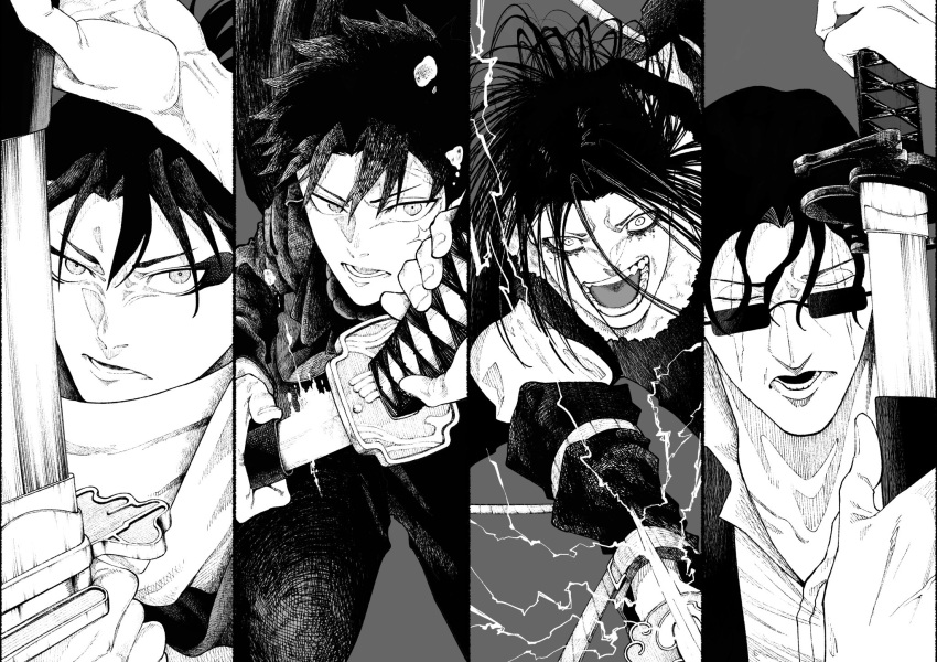 4boys, closed_eyes, cloud_gouger_(sword), coat, cowboy_shot, drawing_sword, enten_(sword), eyeshadow