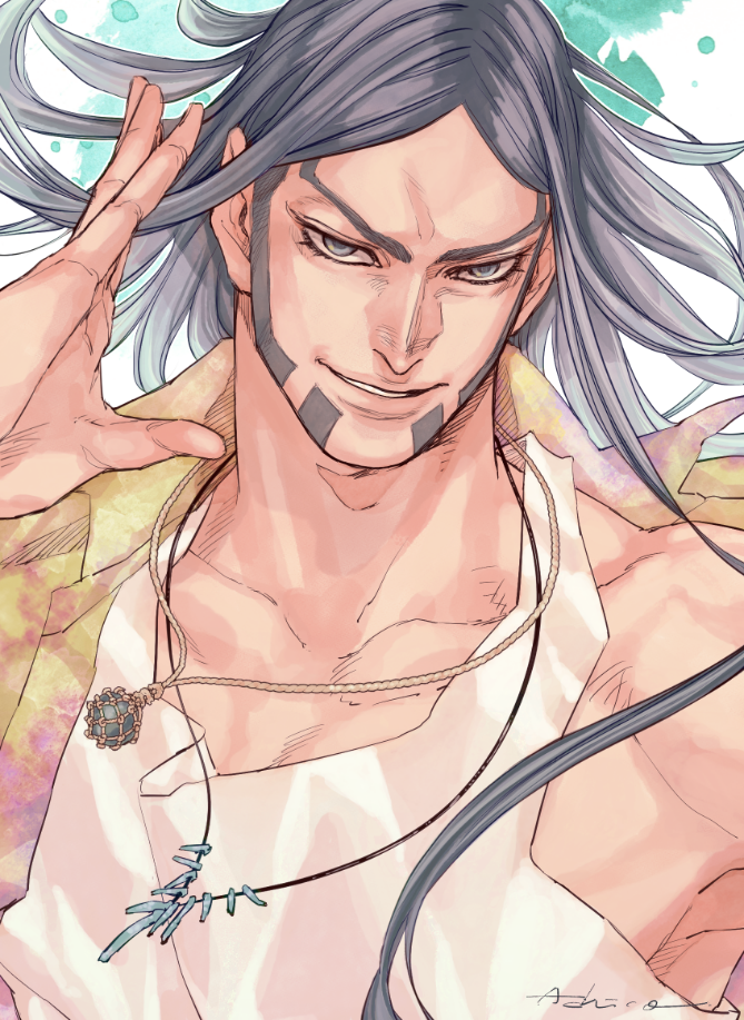 1boy, achio888, beard, black_hair, collarbone, eyelashes, facial_hair, golden_kamuy