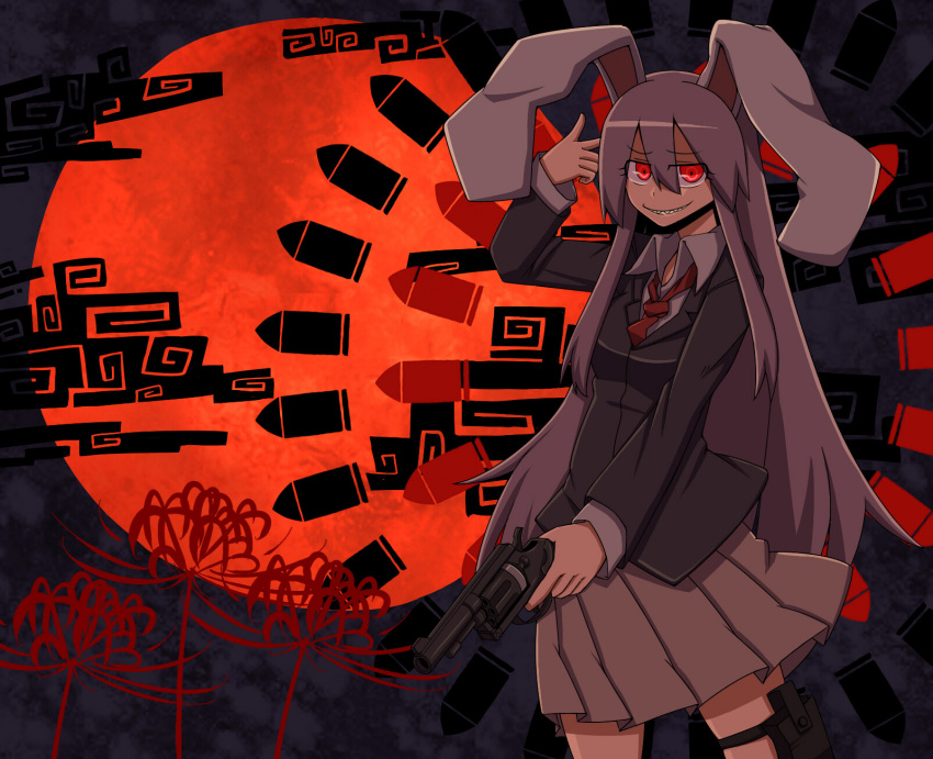 animal_ears, blazer, bullet, bunny_ears, danmaku, flower, full_moon, grin
