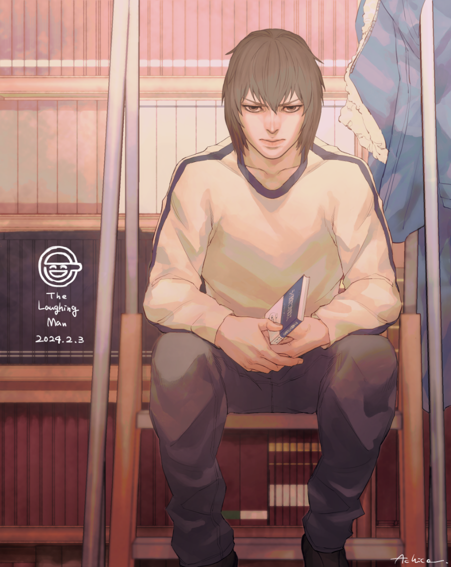 1boy, achio888, aoi_(gits), black_pants, blue_jacket, book, bookshelf, closed_mouth