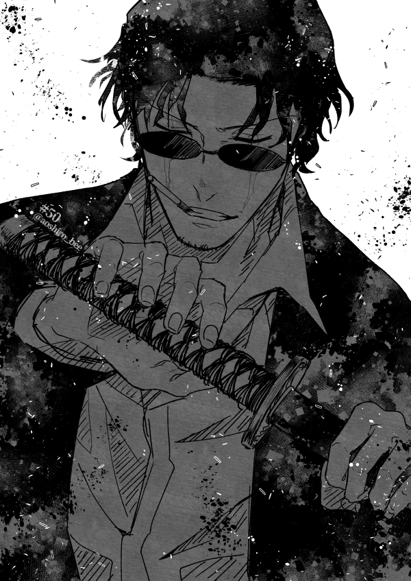 1boy, aoshiro_(aoshiro_bee), cigarette, closed_eyes, collared_shirt, facial_hair, greyscale, grin