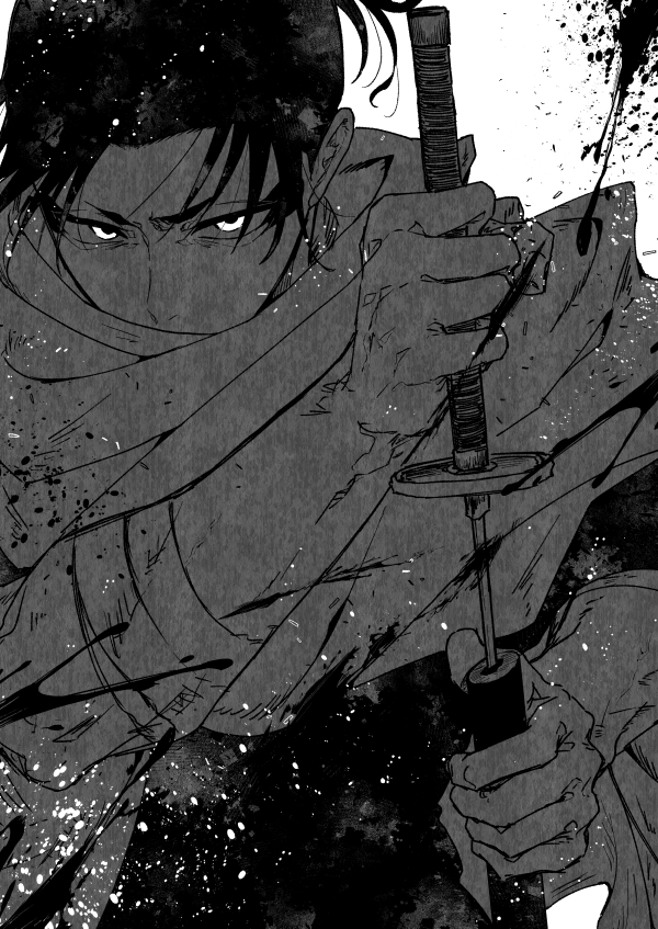 1boy, aoshiro_(aoshiro_bee), blood, fighting_stance, hand_up, holding, holding_sheath, holding_sword