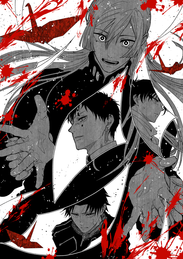 4boys, aoshiro_(aoshiro_bee), blood, earrings, eyeshadow, facial_mark, greyscale, hands_up