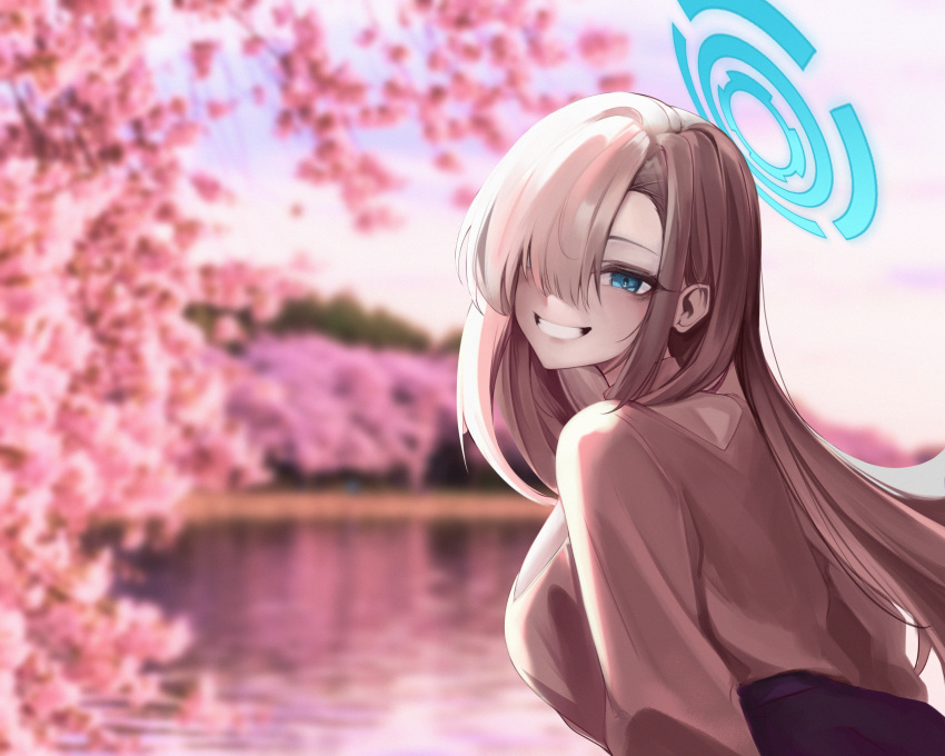 1girl, asuna_(blue_archive), blue_archive, blue_eyes, blue_halo, blurry, blurry_background, breasts