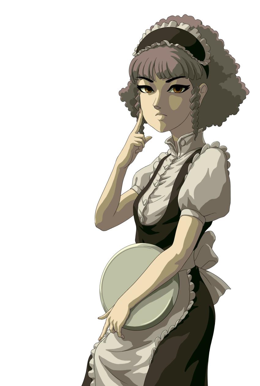 1girl, absurdres, bara_to_tsubaki, bara_to_tsubaki_3, brown_eyes, drill_hair, drill_sidelocks, frown, grey_hair, highres, holding, holding_tray, maid, maid_headdress, mita_righti, naramura, official_art, puffy_short_sleeves, puffy_sleeves, short_sleeves, sidelocks, solo, tray, upper_body