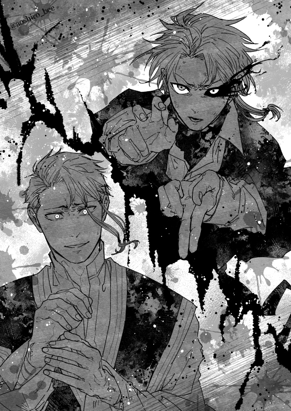 2boys, aoshiro_(aoshiro_bee), braid, brothers, collared_shirt, fighting_stance, greyscale, hands_up