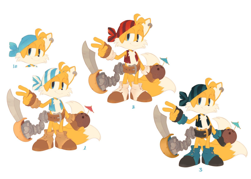 alternate_color, animal_ear_piercing, animal_ears, animal_nose, aqua_eyes, aqua_vest, belt, black_gloves, blonde_hair, boots, brown_belt, brown_gloves, closed_mouth, cocktail_umbrella, coconut, concept_art, fingerless_gloves, fox_boy, fox_ears, fox_tail, full_body, furry, furry_male, gloves, hand_up, highres, holding, holding_sword, holding_weapon, looking_at_viewer, male_focus, multiple_tails, multiple_views, nicholas_kole, official_art, production_art, red_vest, sails_(sonic), simple_background, smile, sonic_(series), sonic_prime, standing, striped_bandana, sword, tail, tails_(sonic), two_tails, v, variations, vest, weapon, white_background, yellow_fur