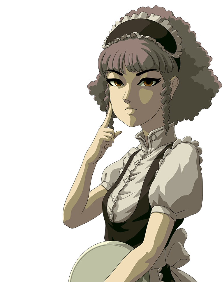 1girl, alpha_transparency, bara_to_tsubaki, bara_to_tsubaki_3, brown_eyes, drill_hair, drill_sidelocks, frown, grey_hair, holding, holding_tray, maid, maid_headdress, mita_righti, naramura, official_art, puffy_short_sleeves, puffy_sleeves, short_sleeves, sidelocks, solo, transparent_background, tray, upper_body