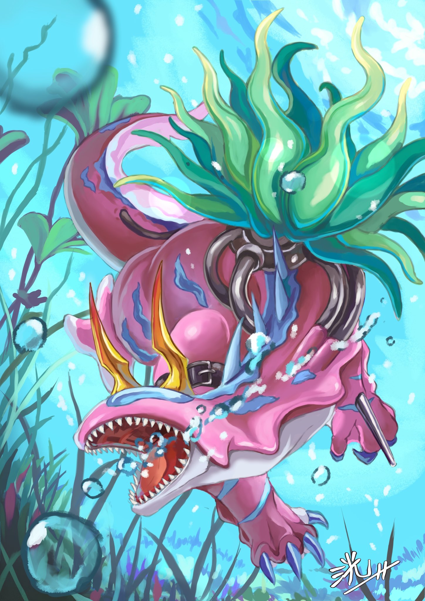air_bubble, arm_cannon, bubble, digimon, digimon_(creature), full_body, highres, kou_(xcws3487)