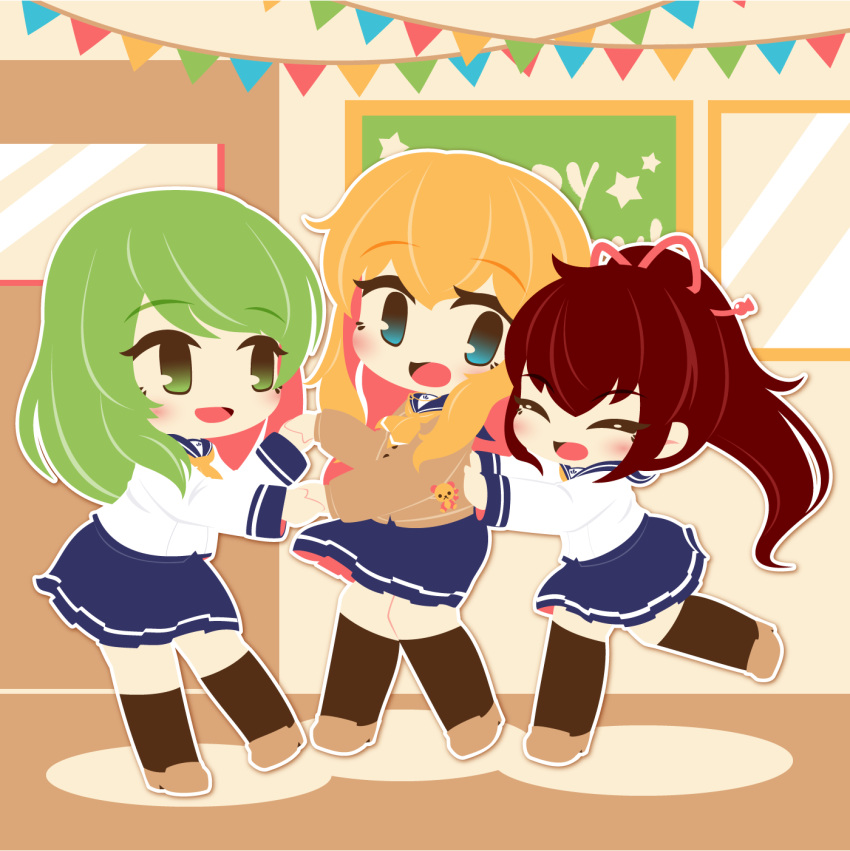 3girls, amano_nozomi, battle_girl_high_school, blonde_hair, blue_eyes, boots, brown_boots, brown_hair