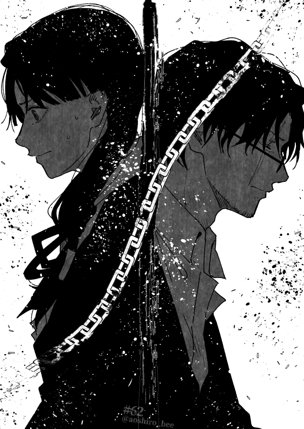 1boy, 1girl, aoshiro_(aoshiro_bee), beard, chain, closed_eyes, closed_mouth, collared_shirt