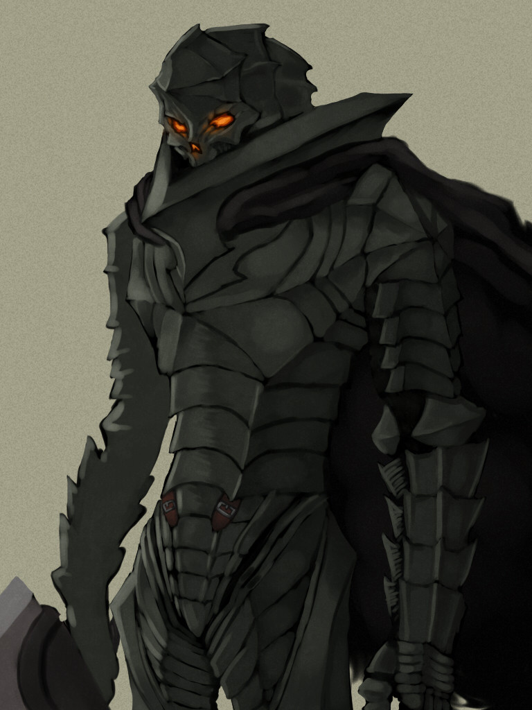 berserk, berserker_armor, cape, dragonslayer_(sword), full_armor, gauntlets, glowing, glowing_eyes