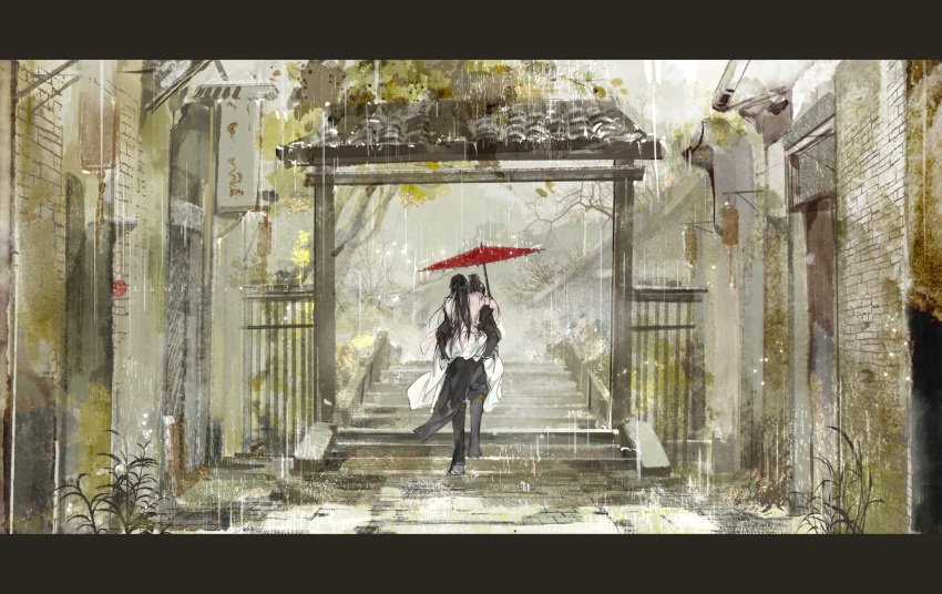 2boys, black_boots, black_hair, black_hanfu, black_pants, boots, building, carrying