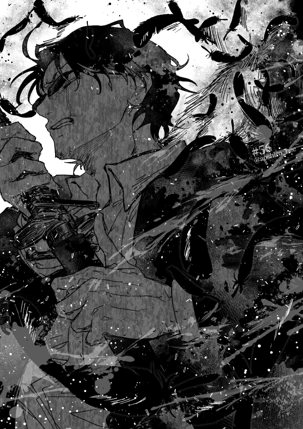 1boy, aoshiro_(aoshiro_bee), closed_eyes, collared_shirt, falling_feathers, feathers, greyscale, holding