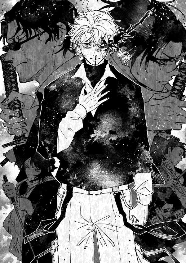 1girl, 5boys, aoshiro_(aoshiro_bee), blood, blood_on_face, braid, collared_shirt, cowboy_shot, dual_wielding, eyeshadow, greyscale, hand_up, holding, holding_sword, holding_weapon, jacket, kagurabachi, katana, long_sleeves, looking_at_viewer, makeup, moku_(kagurabachi), monochrome, multiple_boys, nosebleed, pants, profile, reverse_grip, ro_(kagurabachi), samura_seiichi, sazanami_hakuri, scar, scar_on_face, sheath, shirt, short_hair, side_braid, standing, sumi_(kagurabachi), sunglasses, sword, uruha_youji, weapon