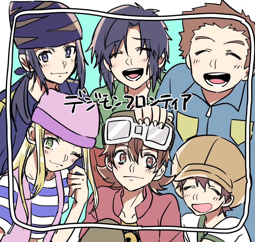 1girl, 5boys, absurdres, bandana, black_hair, blue_background, blue_bandana, border