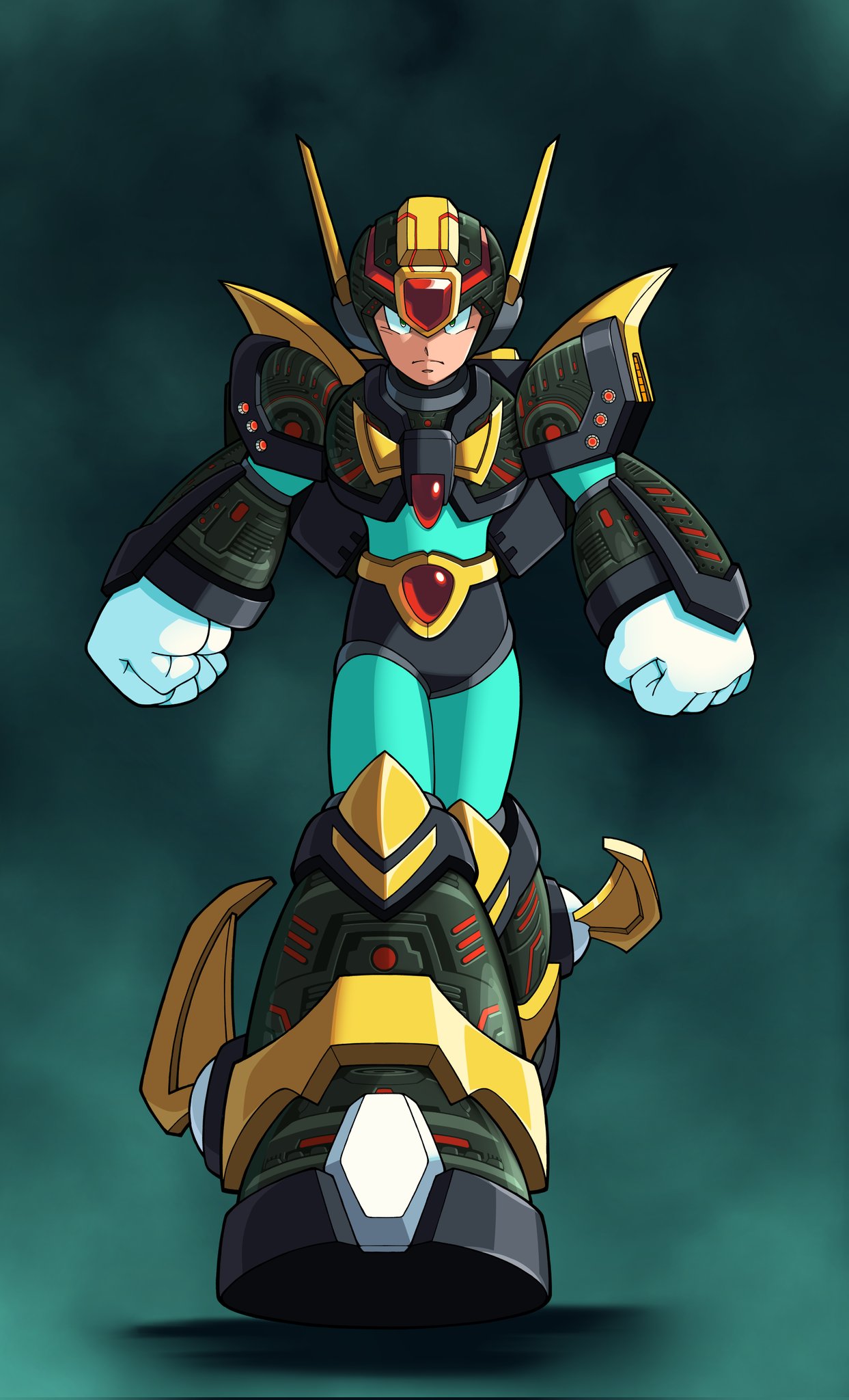 1boy, android, armor, boots, chest_jewel, clenched_hands, closed_mouth, corrupted_ultimate_armor_x_(mega_man_x_corrupted)