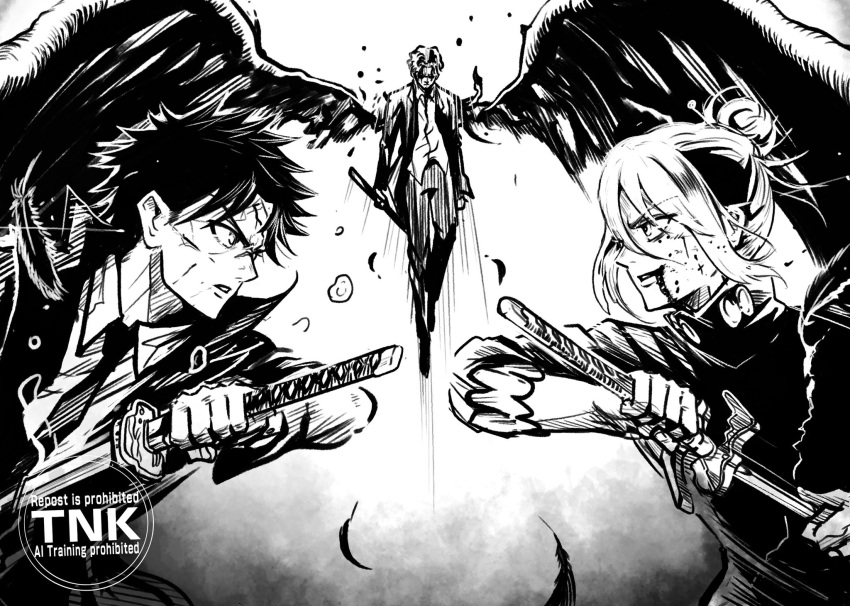 3boys, blood, blood_from_mouth, coat, collared_shirt, enten_(sword), falling_feathers, feathers