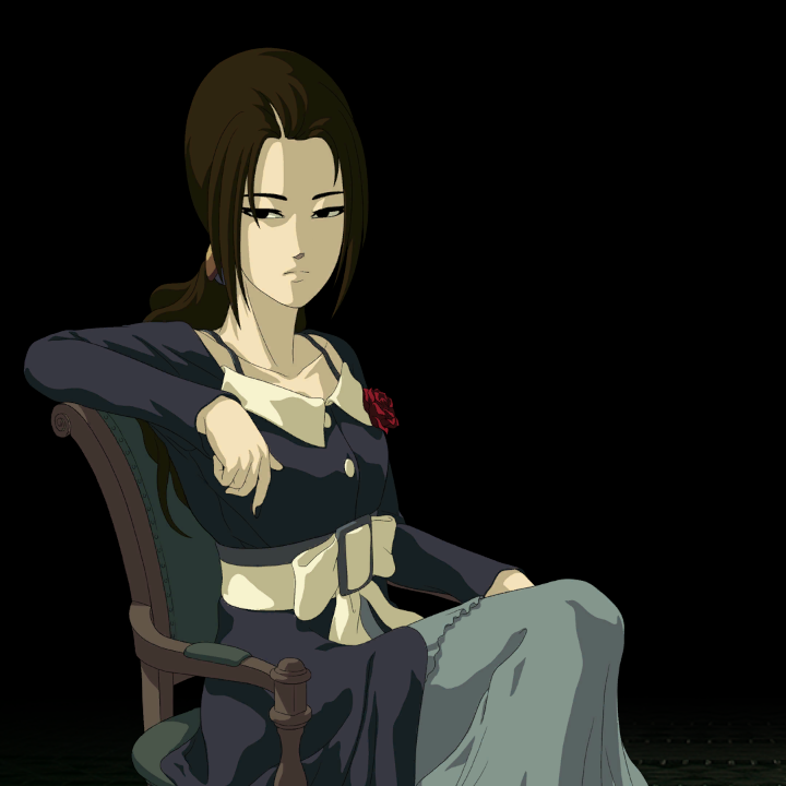 1girl, arm_rest, bara_to_tsubaki, bara_to_tsubaki_4, black_background, black_eyes, bra_strap, breasts